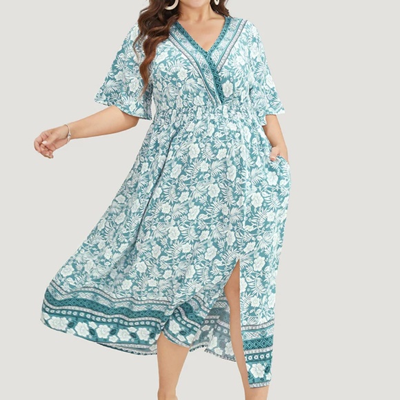 BloomChic Teal Floral Split Hem Flutter Sleeve Elastic Waist Dress 22~24 - Picture 1 of 5